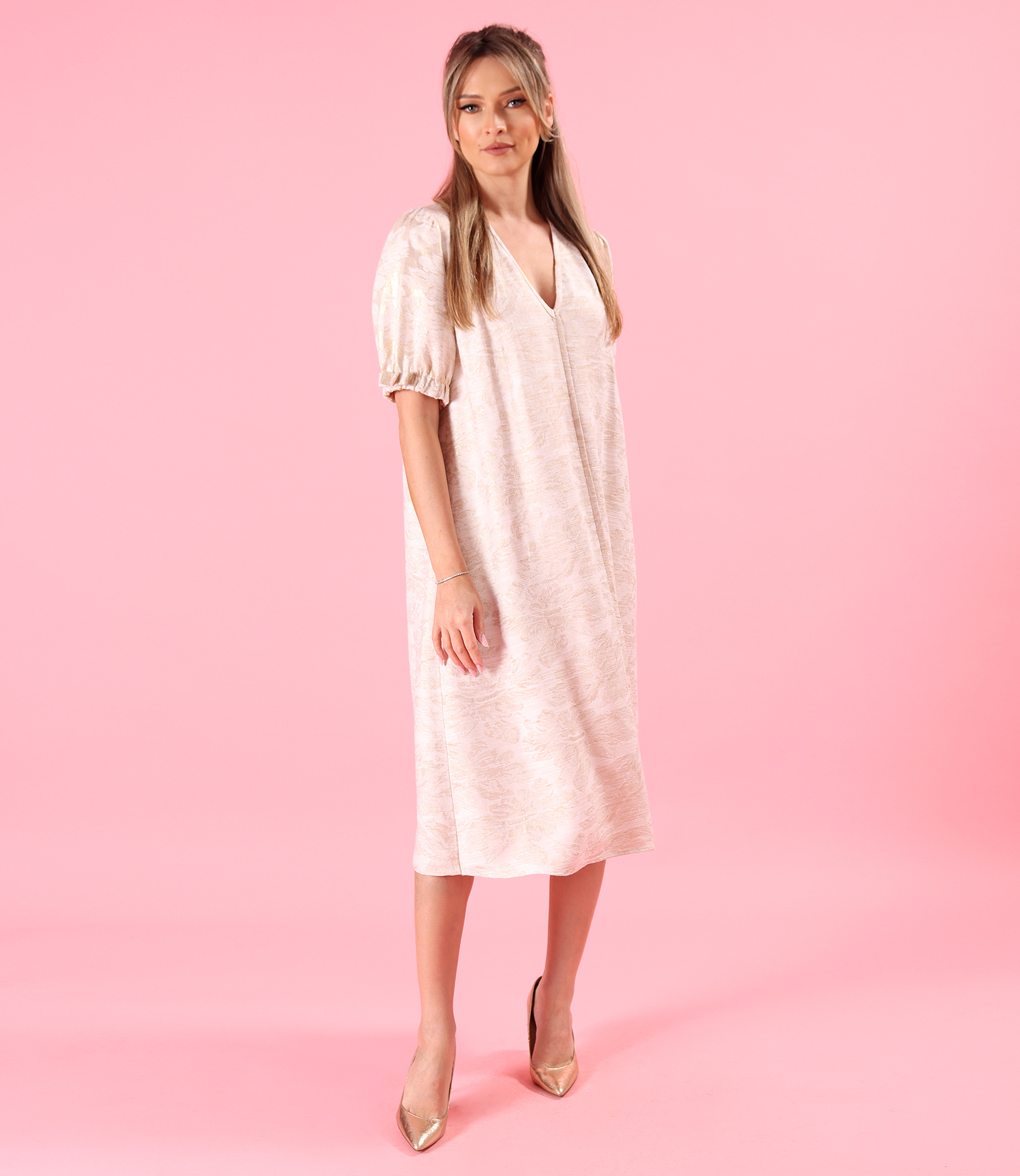 Viscose brocade midi dress with gold metallic thread