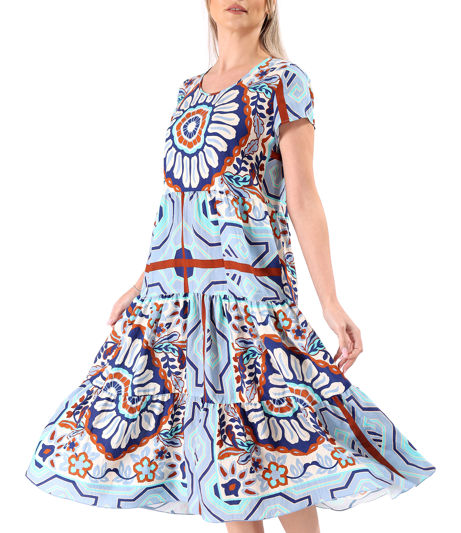 Midi dress with ruffles made of printed viscose