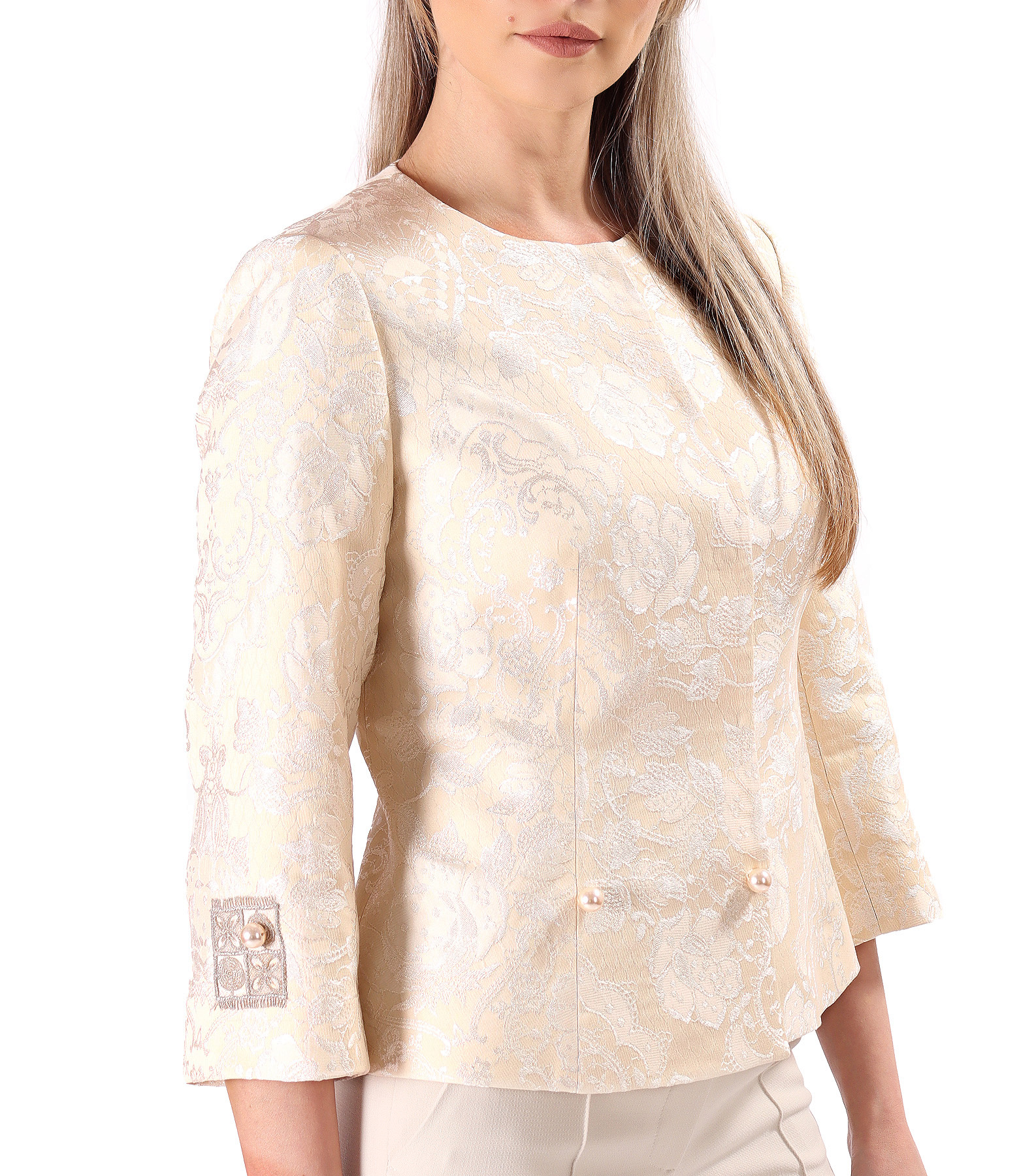 Occasion blazer crafted from floral brocade with decorative pearl embellishments