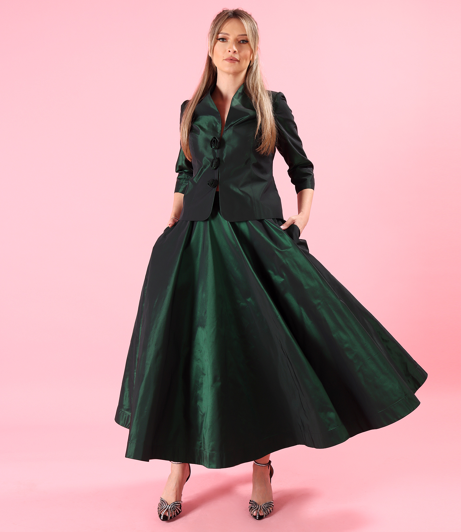 Evening outfit with long skirt and jacket in lightweight shot taffeta