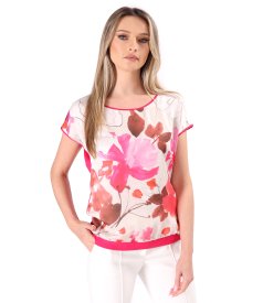 Casual blouse with front made of printed veil with floral motifs