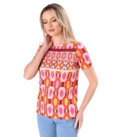 Elastic jersey blouse printed with geometric motifs