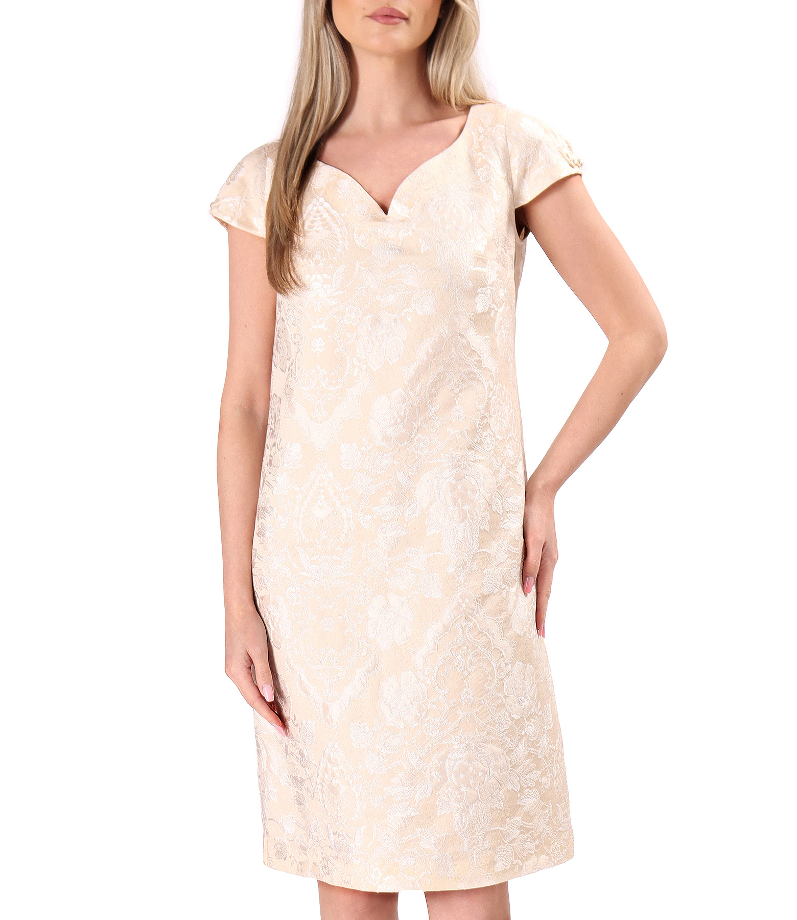 Floral Brocade Occasion Dress with Pearl Embellishments
