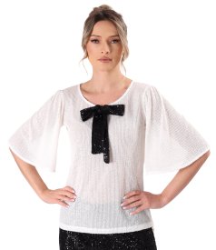 Loose blouse with short flared sequin sleeves