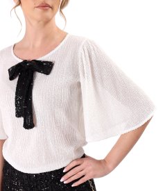 Loose blouse with short flared sequin sleeves
