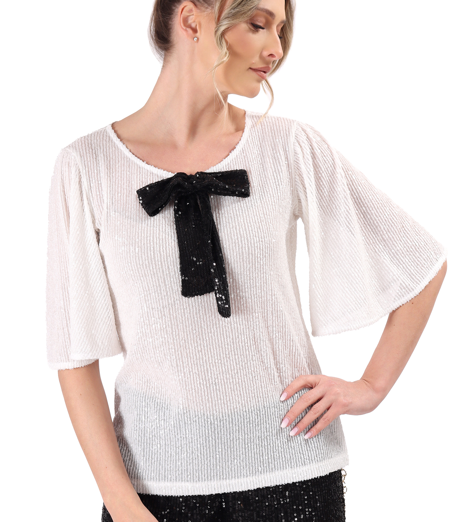 Loose blouse with short flared sequin sleeves