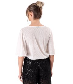 Loose blouse with short flared sequin sleeves