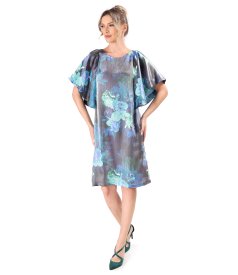 Satin viscose evening dress with floral motifs