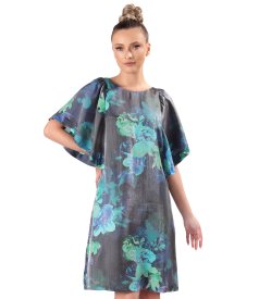 Satin viscose evening dress with floral motifs