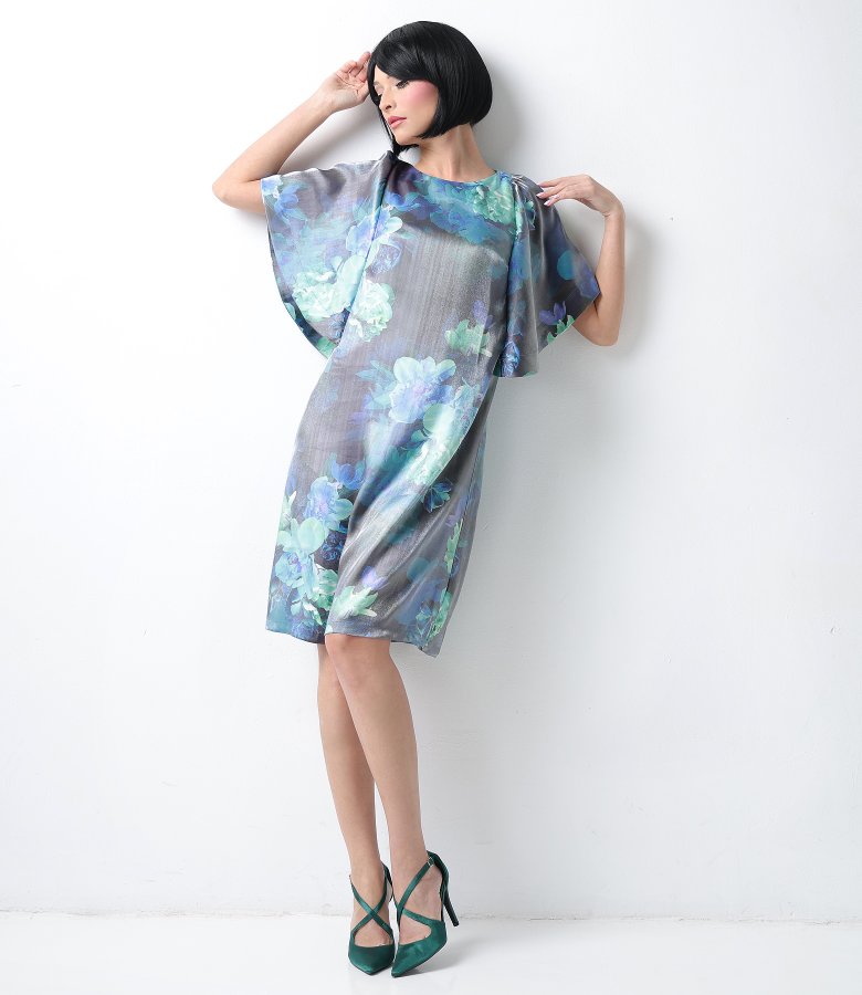 Satin viscose elegant dress with floral motifs