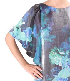 Satin viscose evening dress with floral motifs