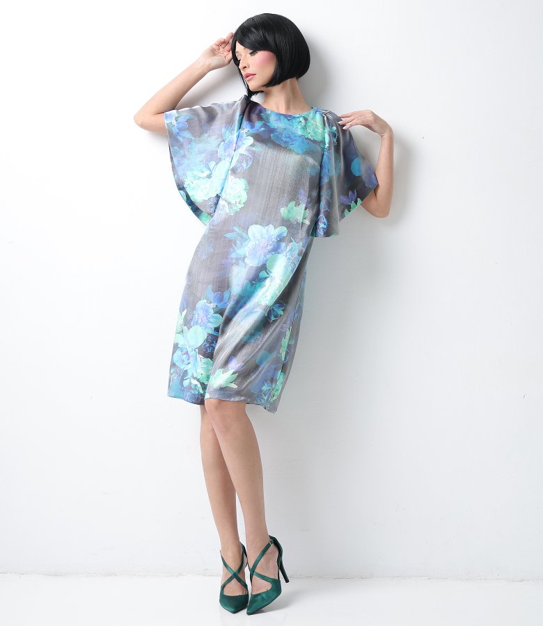 Satin viscose elegant dress with floral motifs