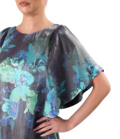 Satin viscose evening dress with floral motifs