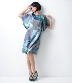 Satin viscose evening dress with floral motifs