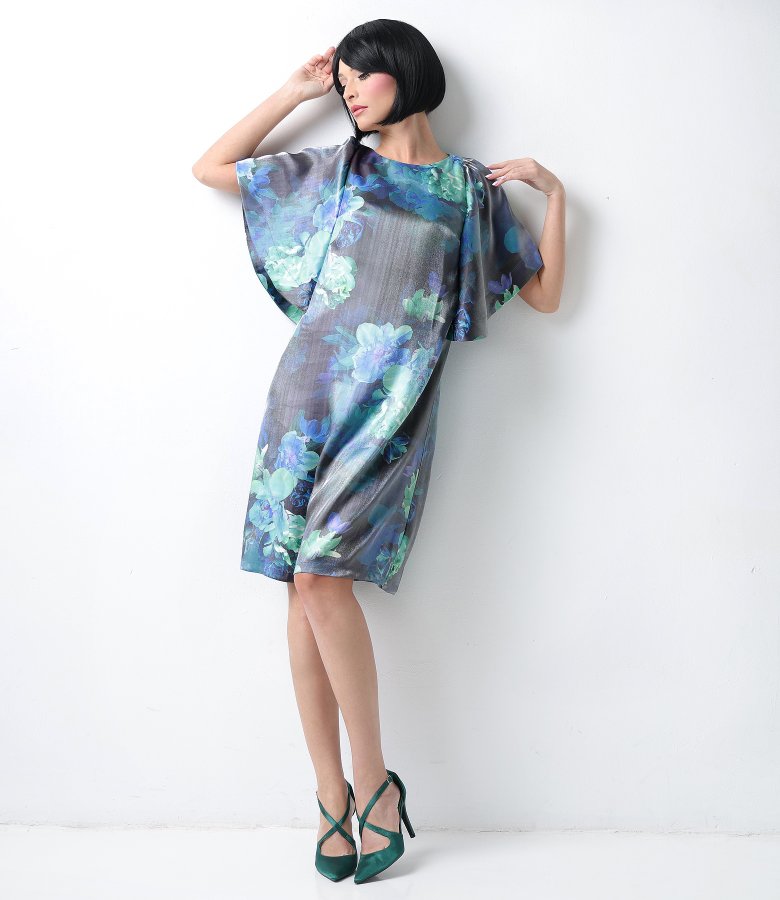 Satin viscose evening dress with floral motifs
