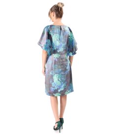 Satin viscose evening dress with floral motifs