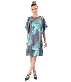 Satin viscose evening dress with floral motifs