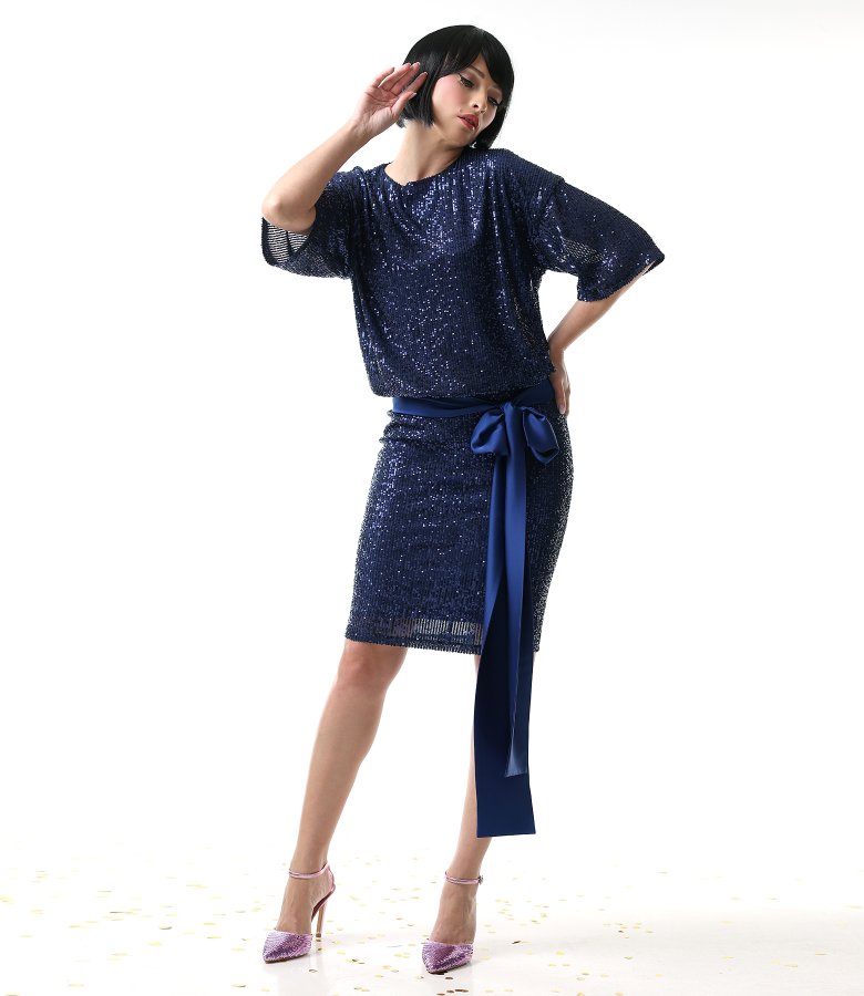 Sequin cocktail dress with satin drawstring waist