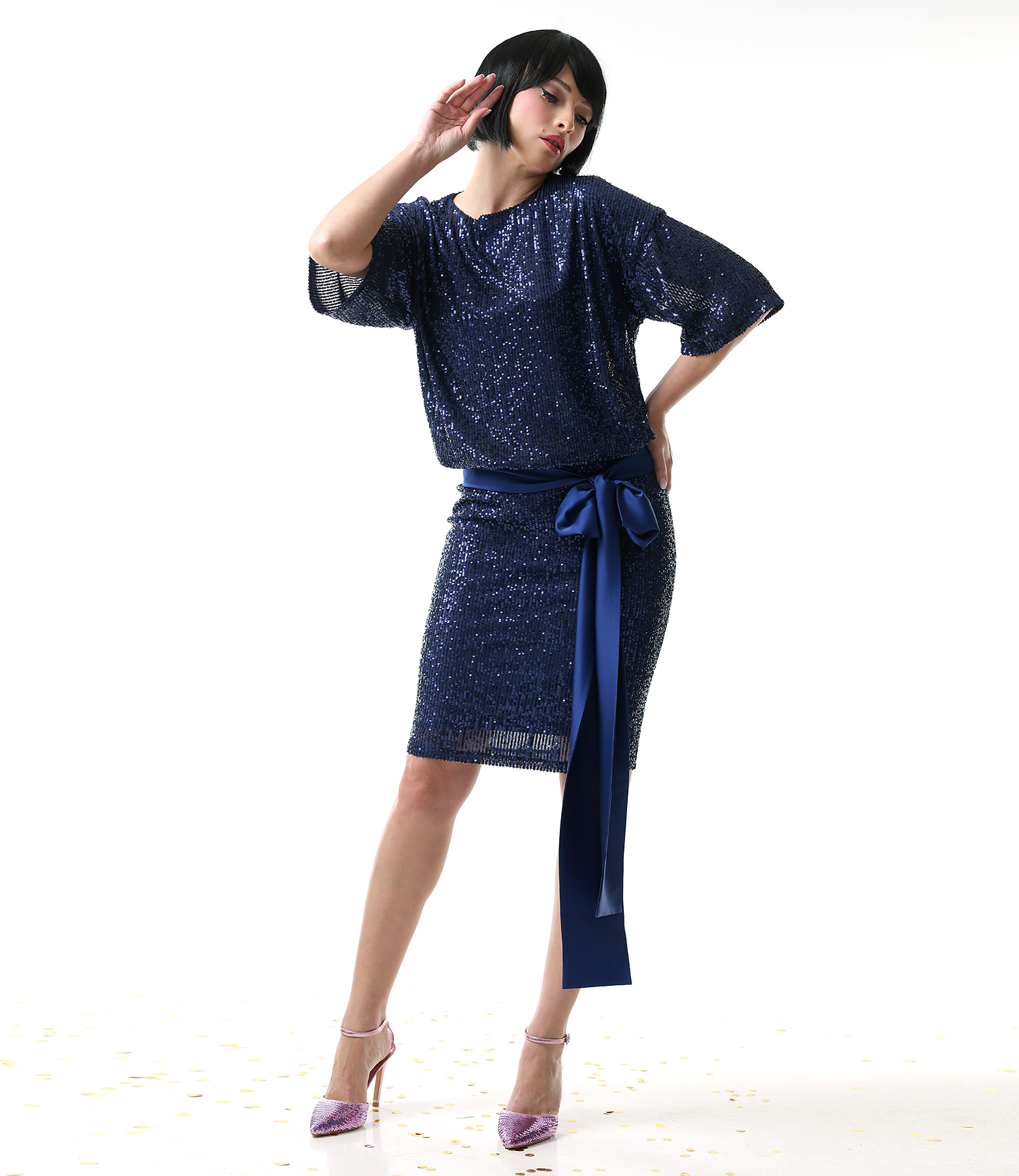 Sequin cocktail dress with satin drawstring waist