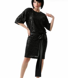 Rochie de cocktail din paiete cu cordon din satin in talie