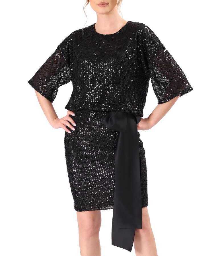 Sequin cocktail dress with satin drawstring waist
