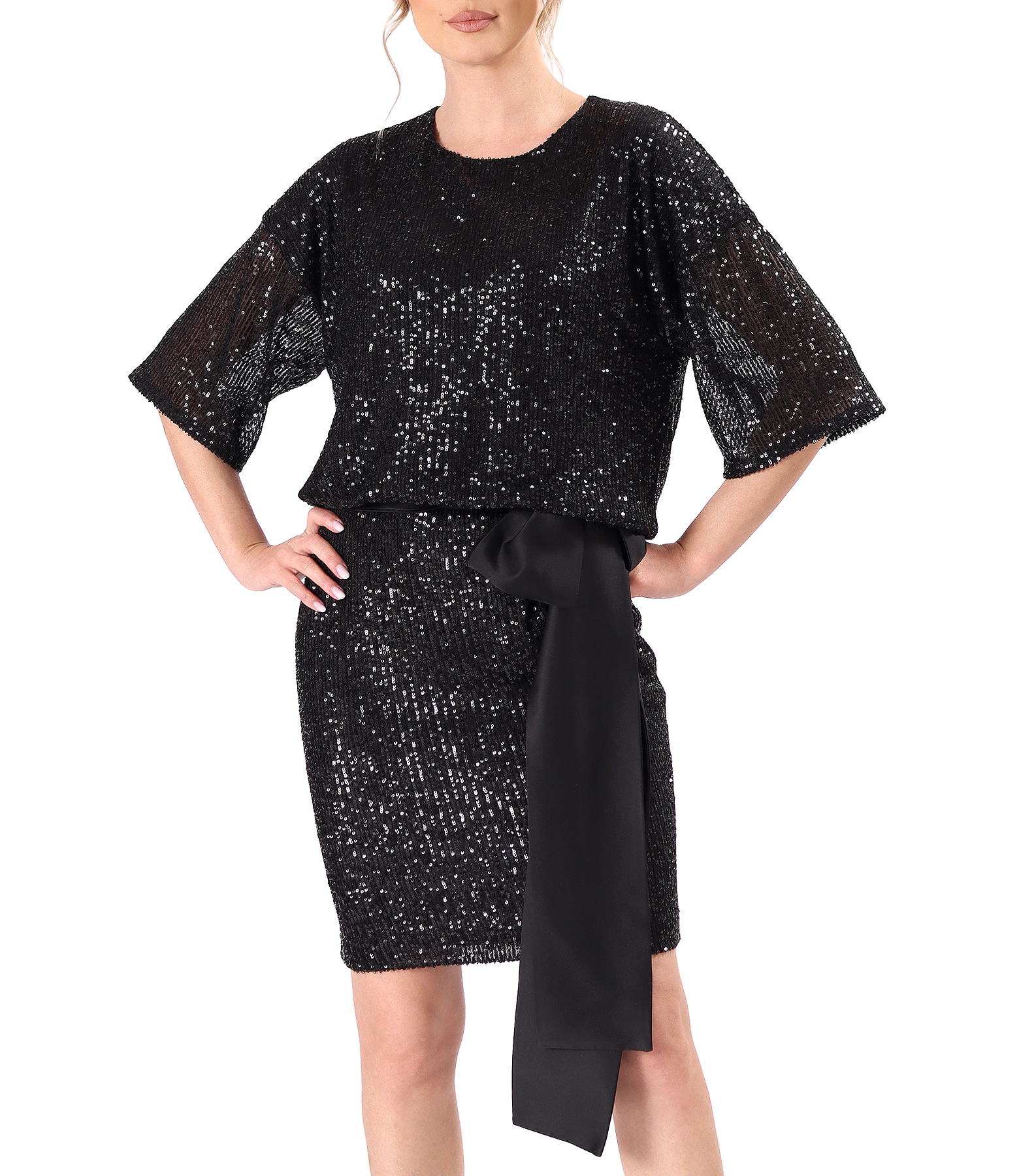 Sequin cocktail dress with satin drawstring waist