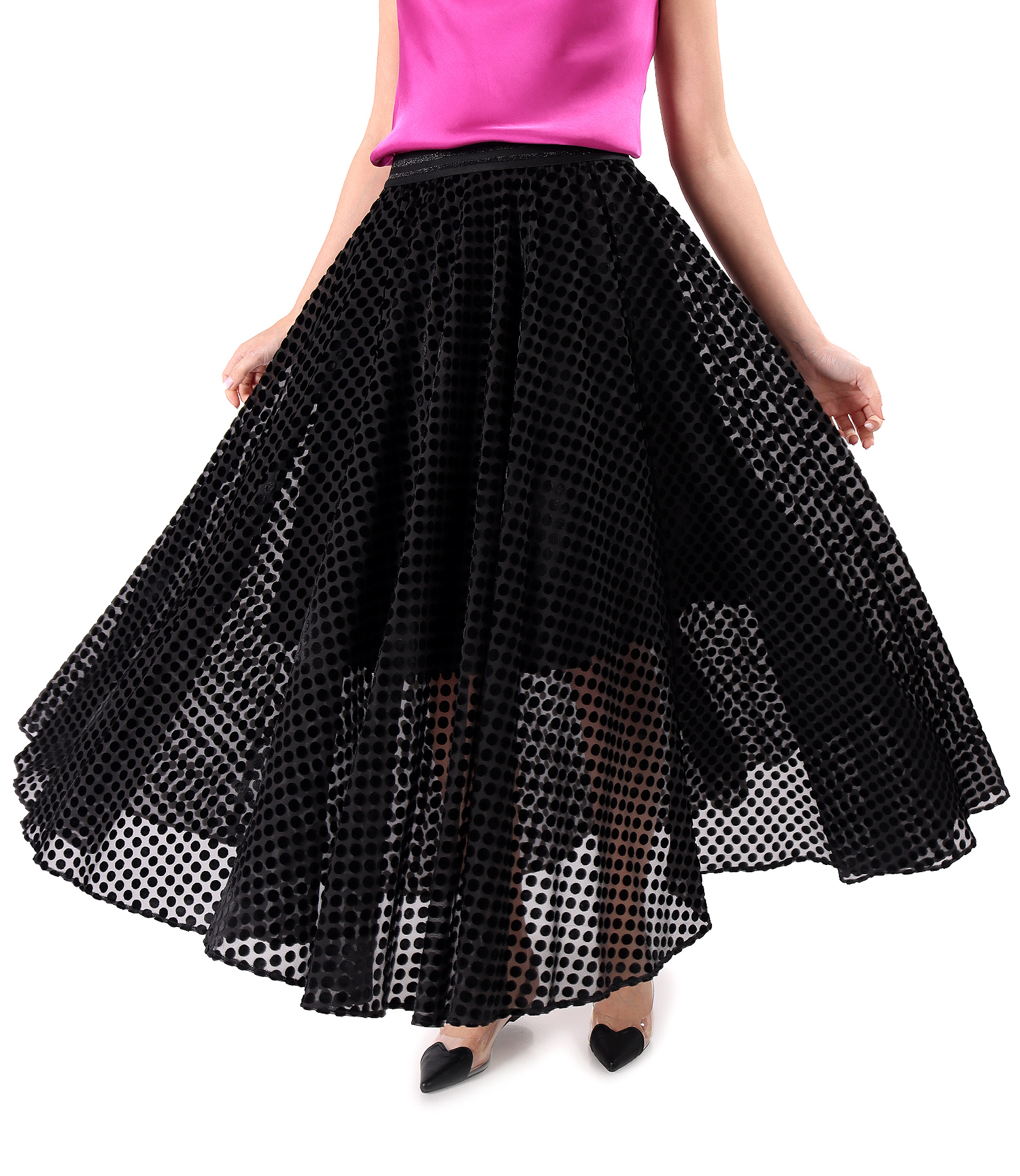 Full voile skirt with velvet polka dots