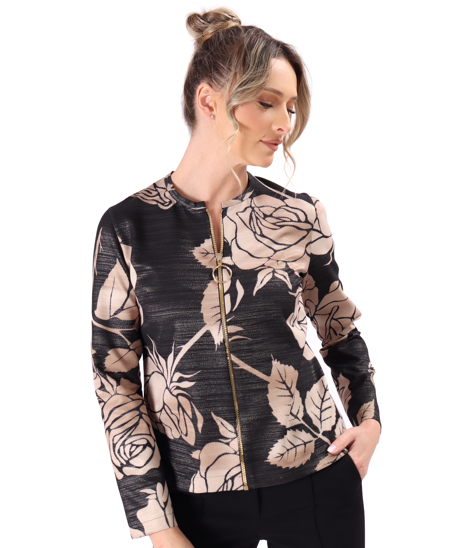 Blouse with gold metallic thread and front zipper