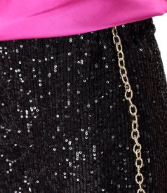 Sequin elegant pants with a gold chain on the right side