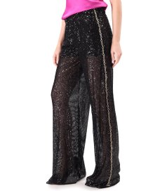 Sequin elegant pants with a gold chain on the right side