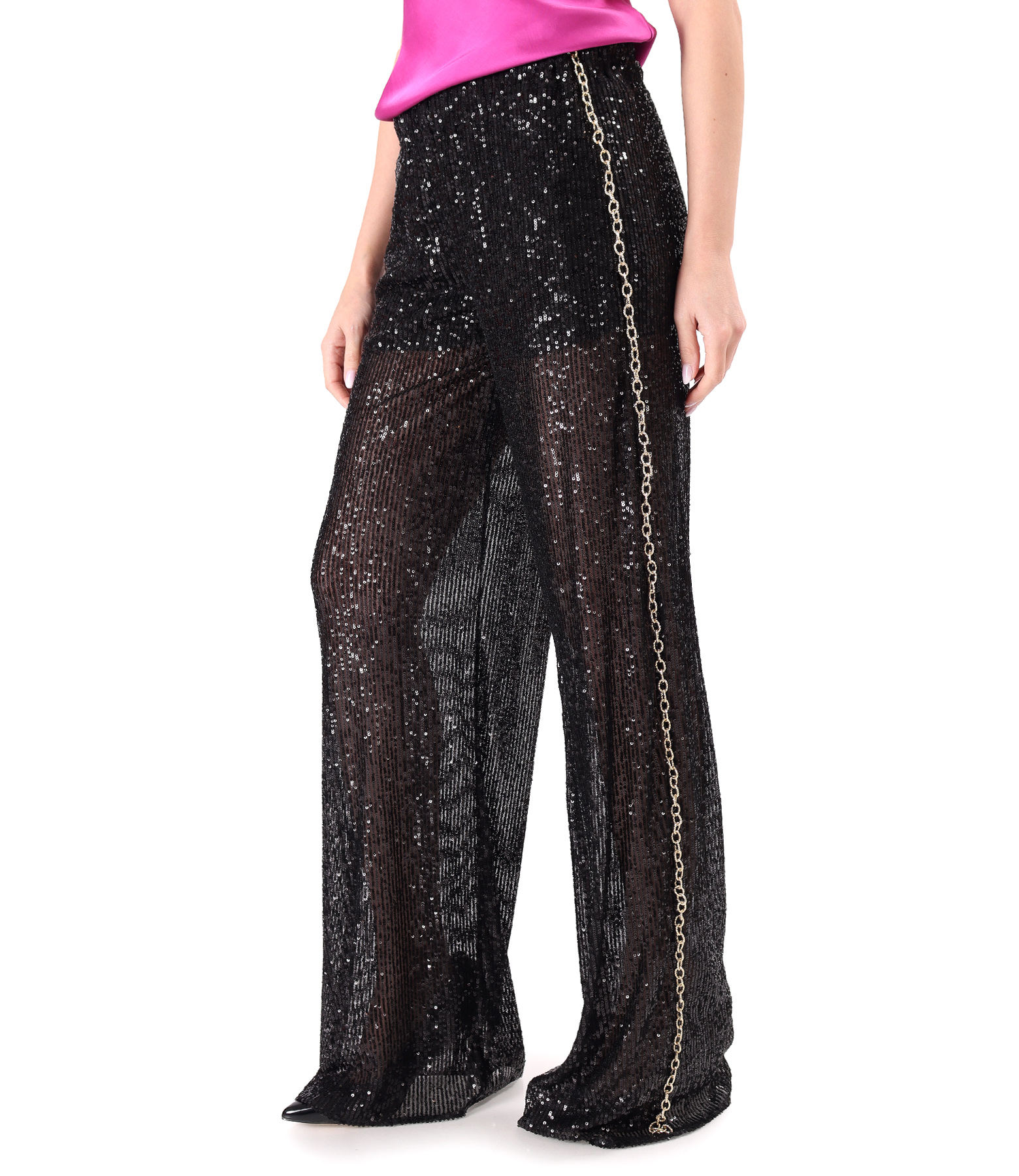 Sequin elegant pants with a gold chain on the right side