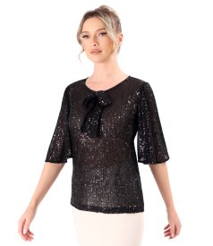 Loose blouse with short flared sequin sleeves