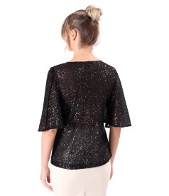 Loose blouse with short flared sequin sleeves