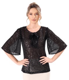 Loose blouse with short flared sequin sleeves
