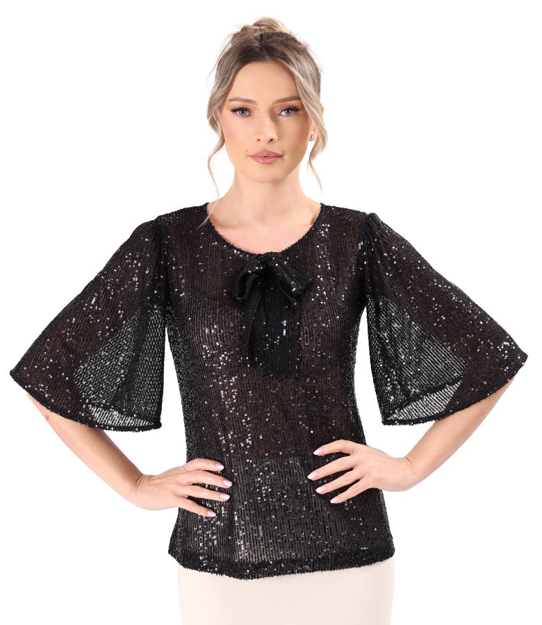 Loose blouse with short flared sequin sleeves