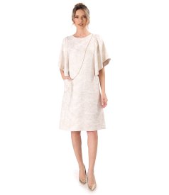 Viscose brocade evening dress with floral motifs and gold metallic thread