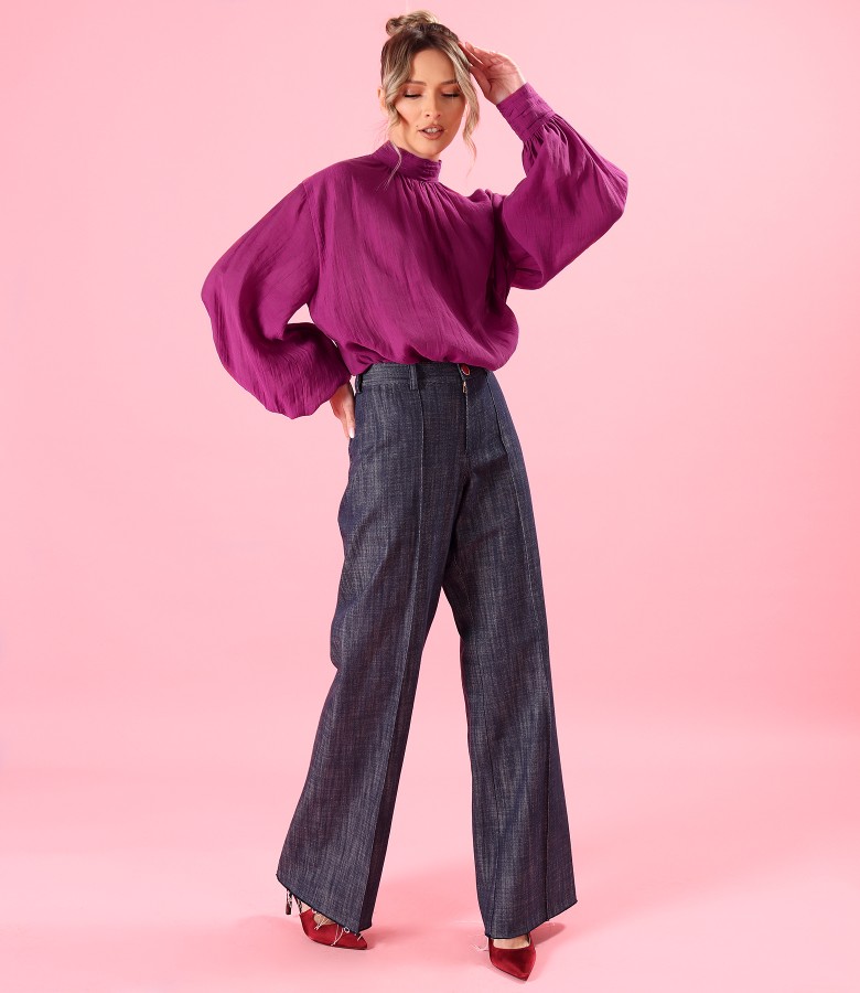 Wide-leg cotton denim pants with tencel blouse