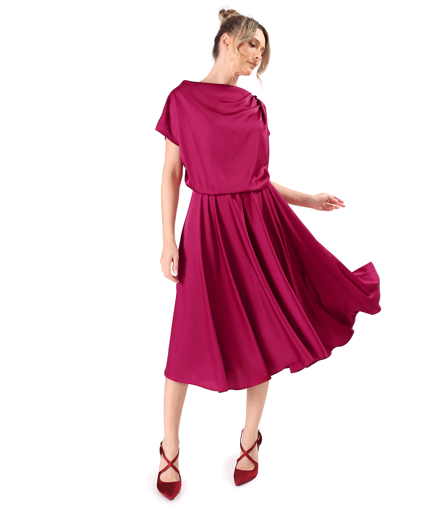 Elastic satin midi dress with a boat neckline