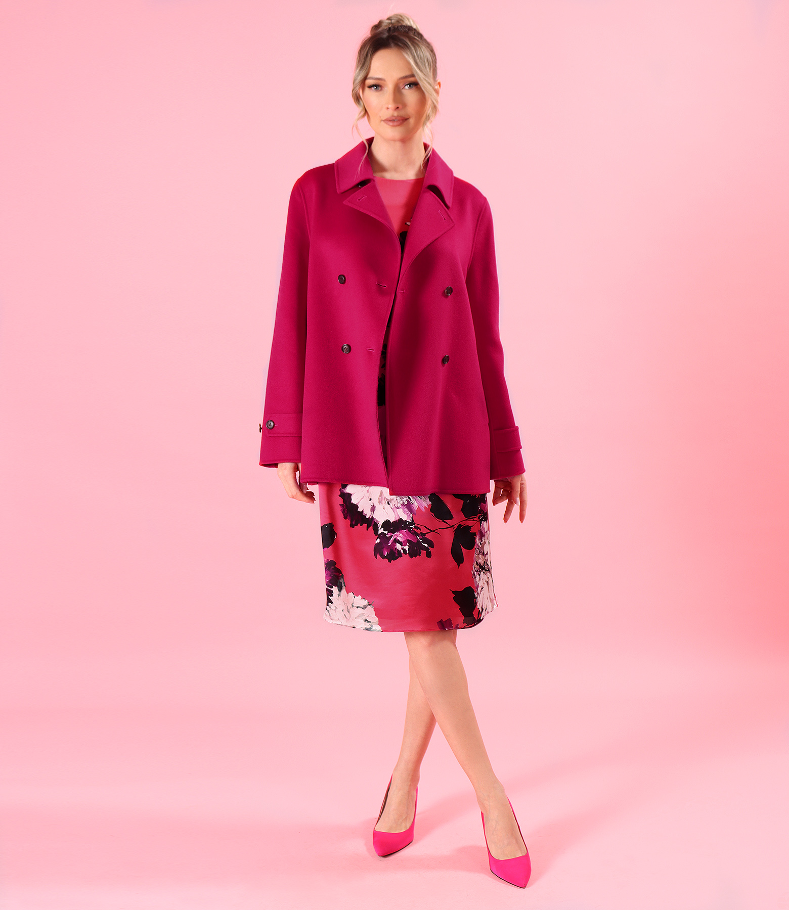 Silk dress with short wool and cashmere jacket