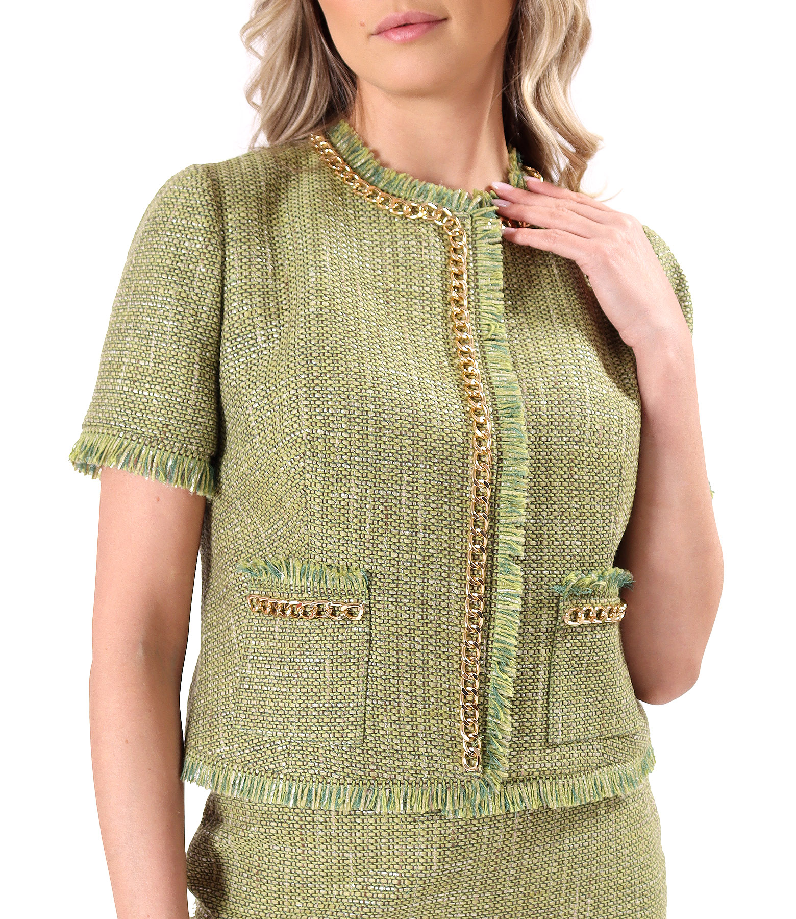 Boucl jacket in a viscose and cotton blend with short sleeves