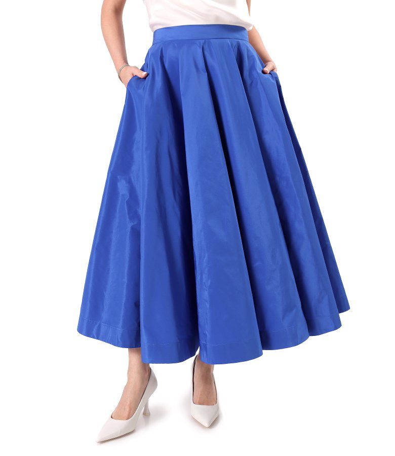Long flared taffeta skirt with decorative elastic back