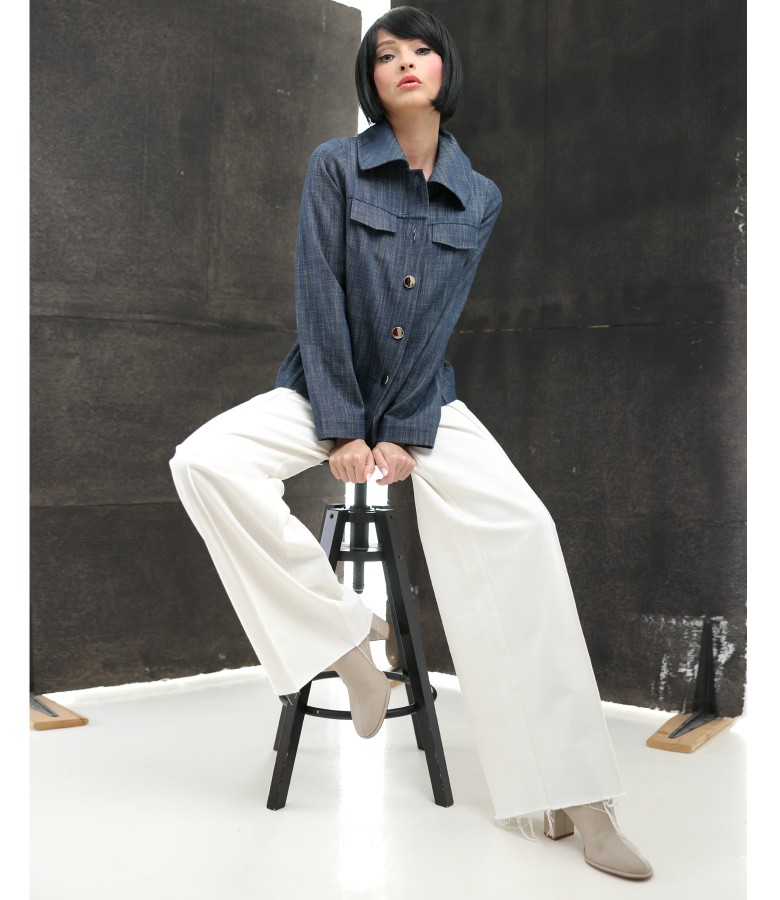 Smart-casual set with jacket and wide-leg cotton denim-style trousers