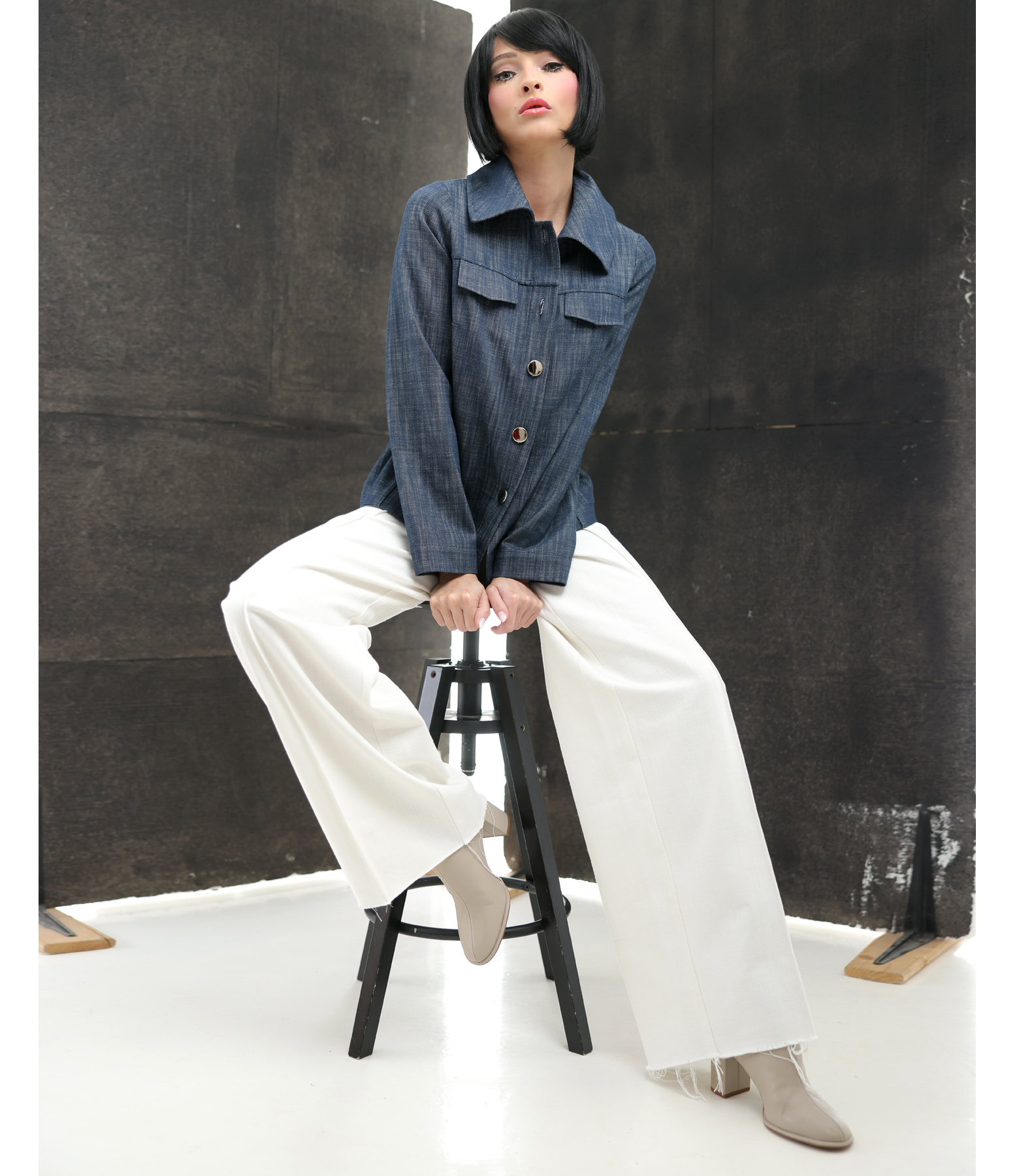 Smart-casual set with jacket and wide-leg cotton denim-style trousers