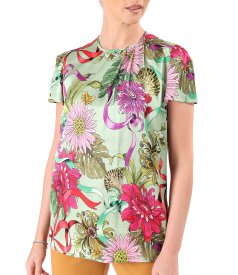 Elegant satin viscose blouse printed with floral motifs