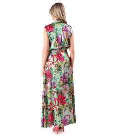 Long satin viscose dress with floral print