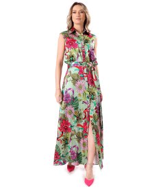 Long satin viscose dress with floral print