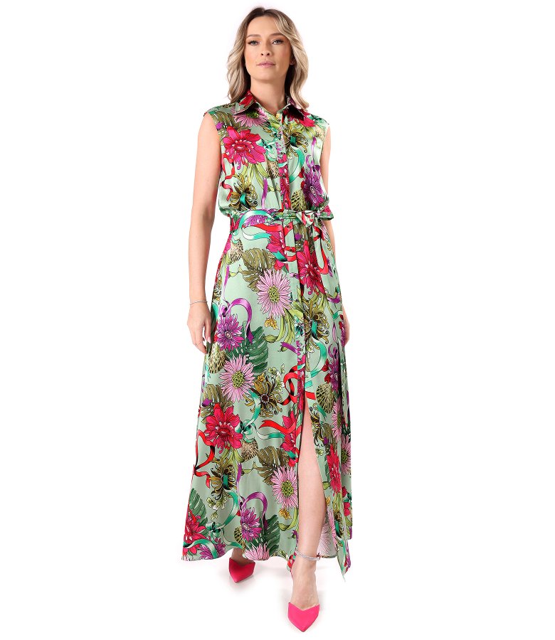 Long satin viscose dress with floral print