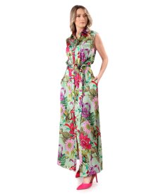 Long satin viscose dress with floral print