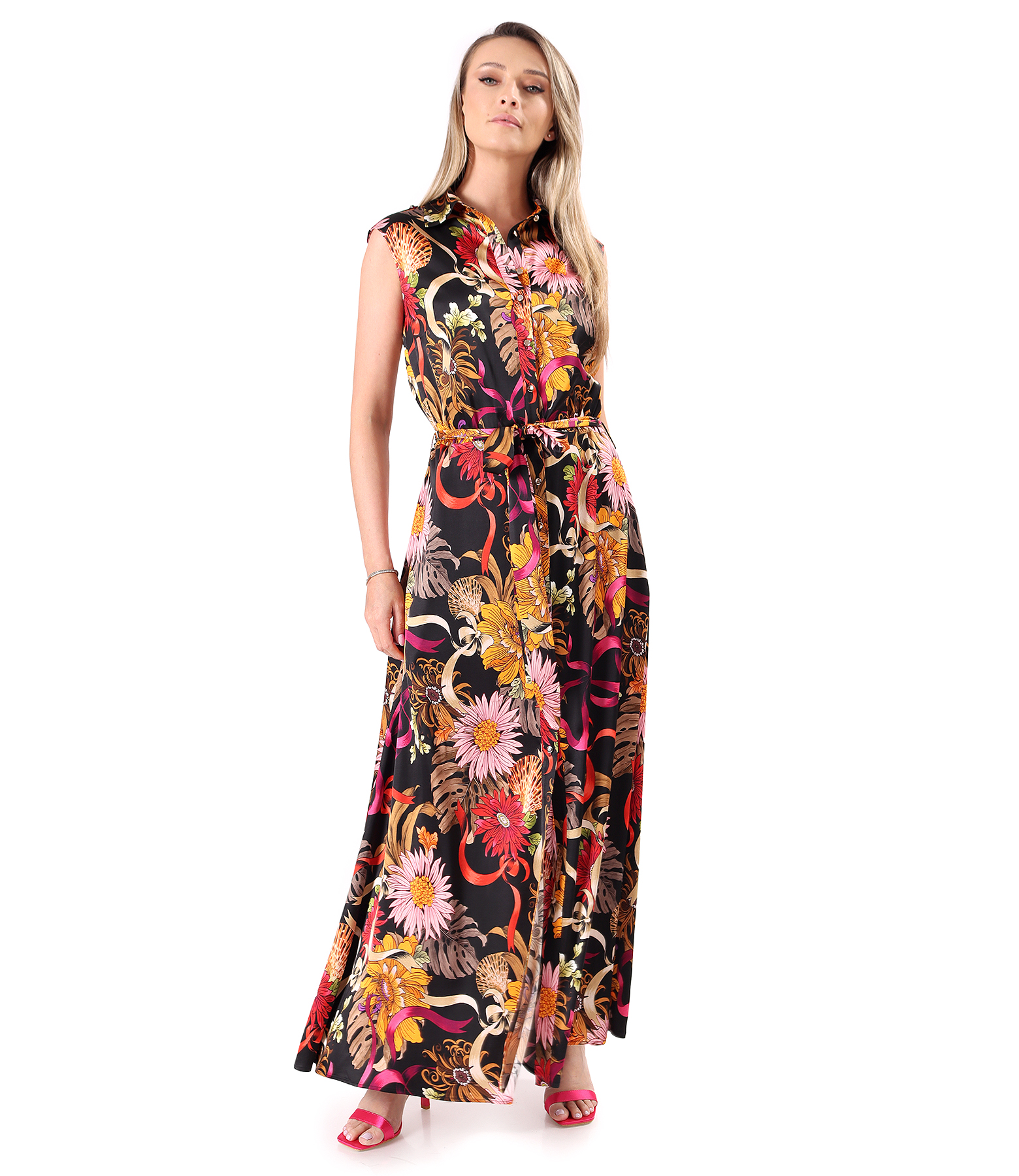 Long satin viscose dress with floral print
