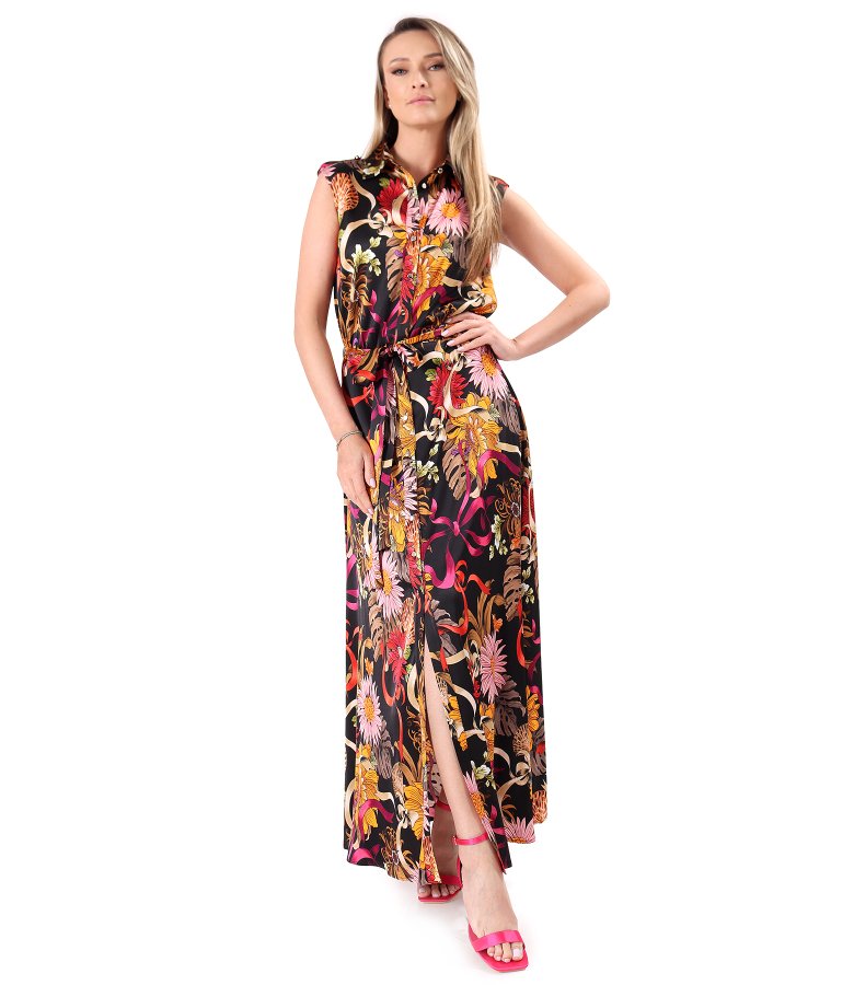 Long satin viscose dress with floral print